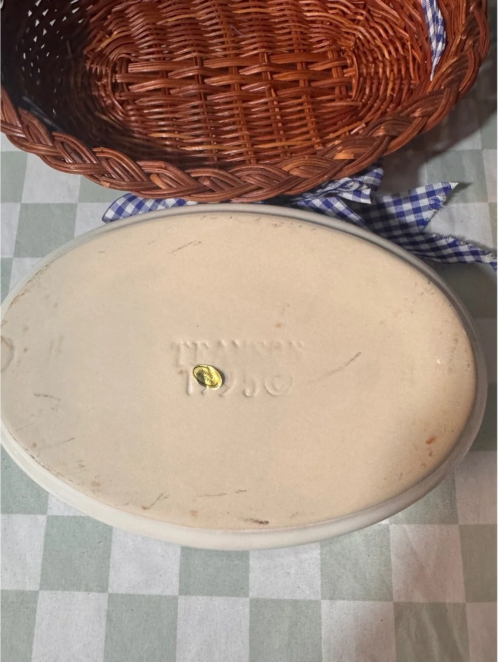 Teamson 1995 Oval Serving Bowls with Wicker Holders and Blue Gingham